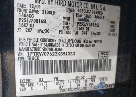 2002 Ford F-150 Lariat/Xlt from USA, damaged, VIN 1FTRW07622KB51333